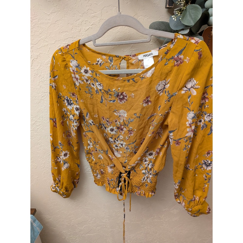 Persaya Womens Mustard Yellow Floral Smocked Lace Up Long Sleeve Crop Top Small